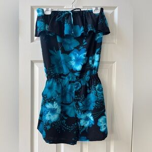 Black and Teal Floral Strapless Romper with pockets